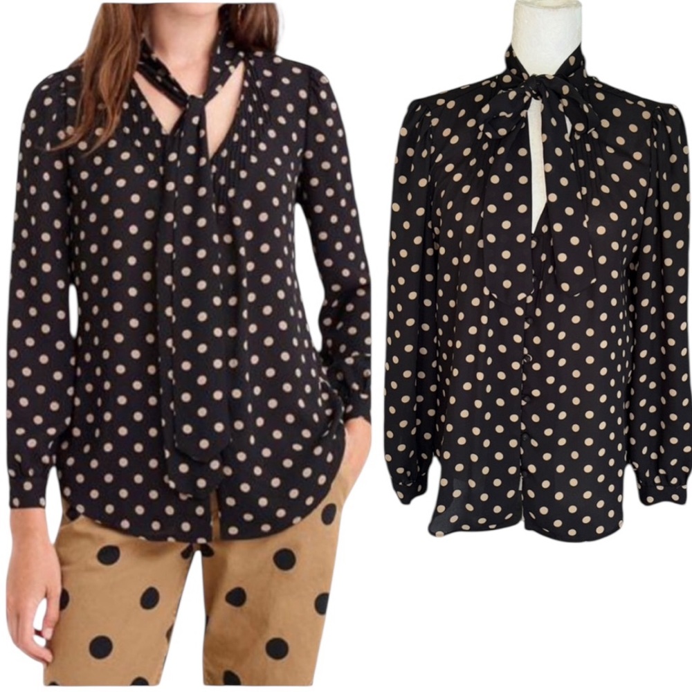 J. Crew Black & Tan Polka Dot Print Tie Neck Blouse - 6